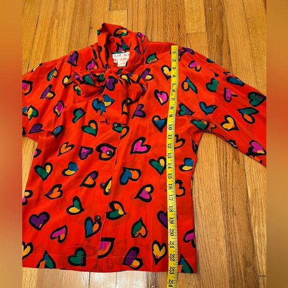 Vintage Escada Red Heart Print Blouse with Neck Bow 34 S - Picture 12 of 16